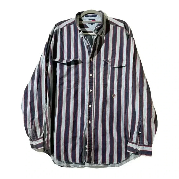 Tommy Hilfiger Mens XL VTG Y2K Crest Striped Button Shirt Multicolor Old Money - Picture 2 of 11